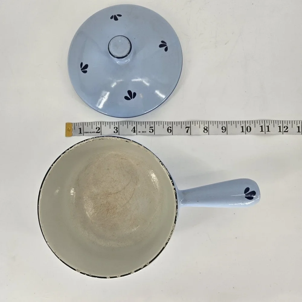 Vintage DRU Holland Blue Enamel Saucepan Set With Lids Tulip MCM Cookware 6